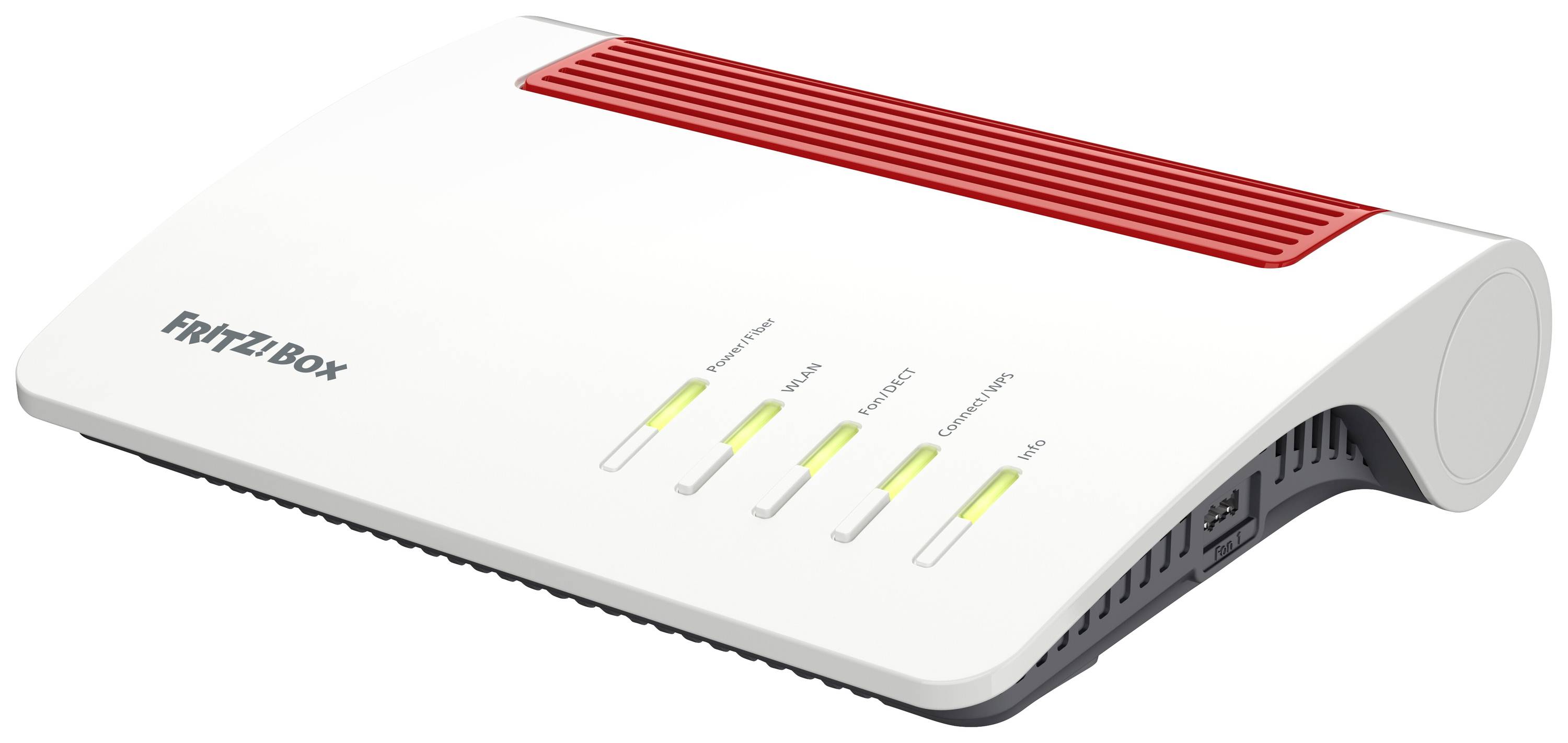 Un routeur Wi-Fi blanc avec des éléments rouges et des voyants LED pour l'alimentation, DSL, Wi-Fi, téléphonie et informations sur la façade avant.