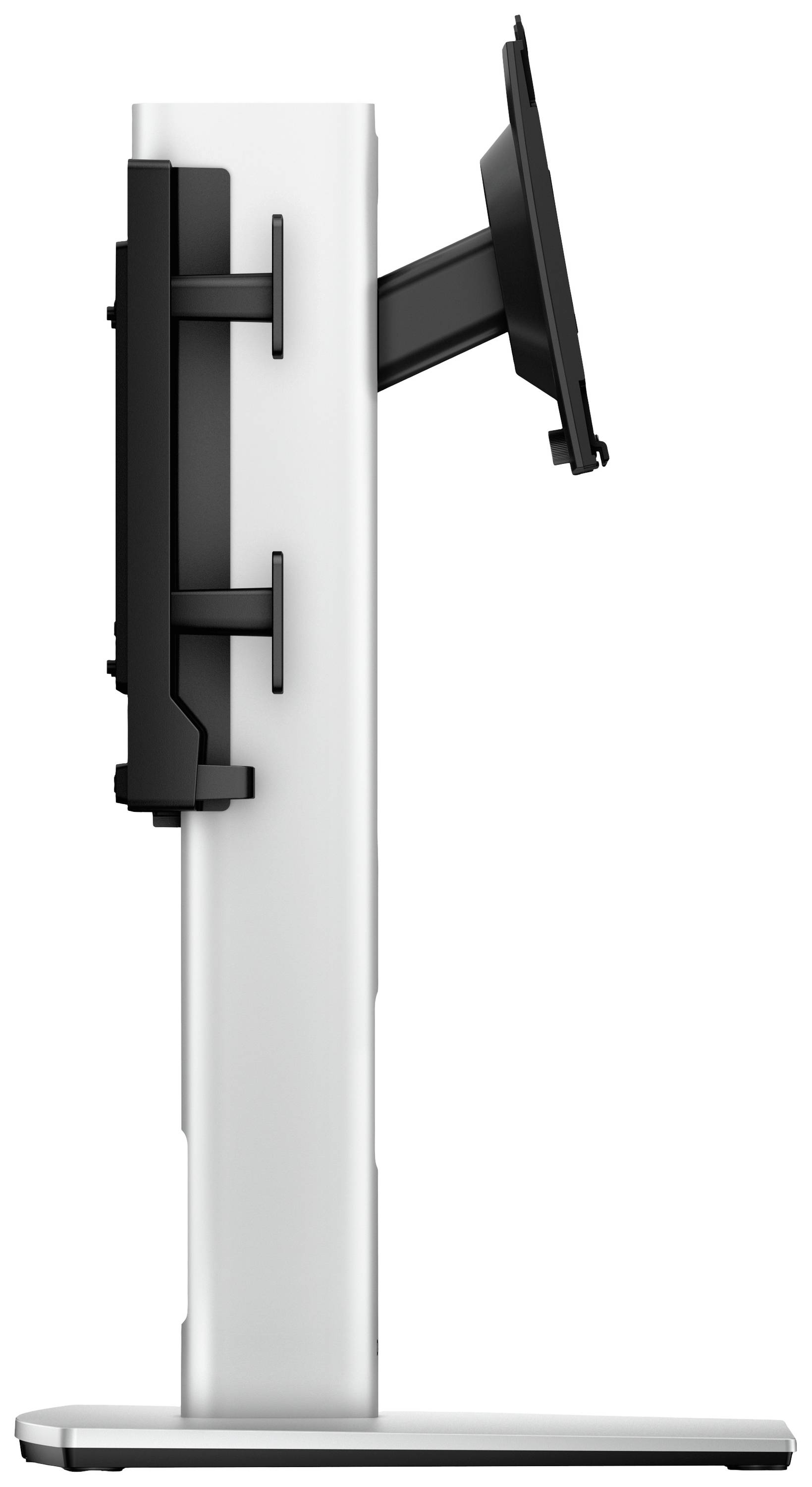 Un support de moniteur avec support réglable, vu de côté. Le support est élancé avec un bras pivotant.