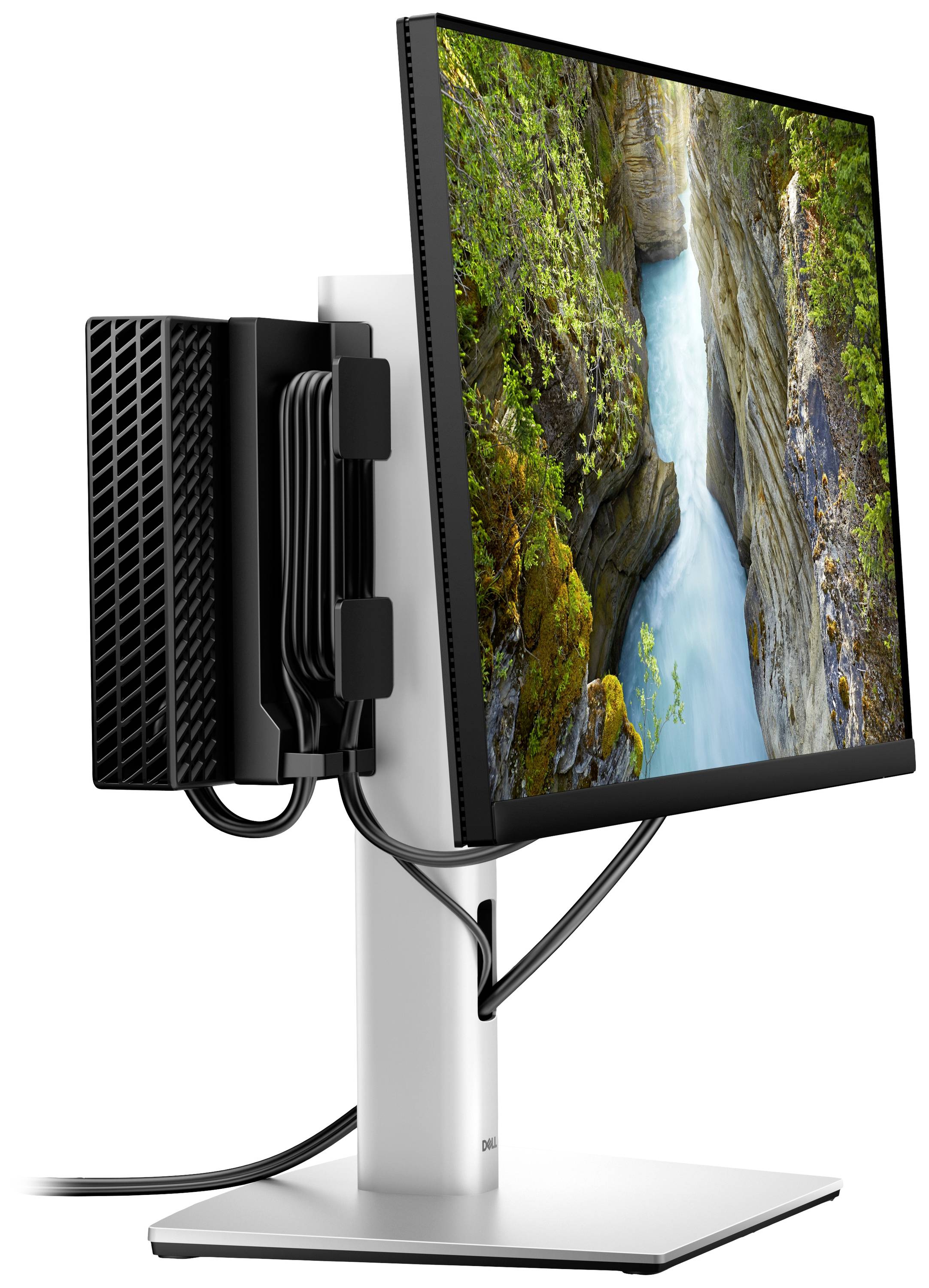 Un moniteur vu de côté montre un appareil étroit et noir à son arrière. Sur l'écran, on peut voir un canyon avec une rivière turquoise et de la végétation verte.