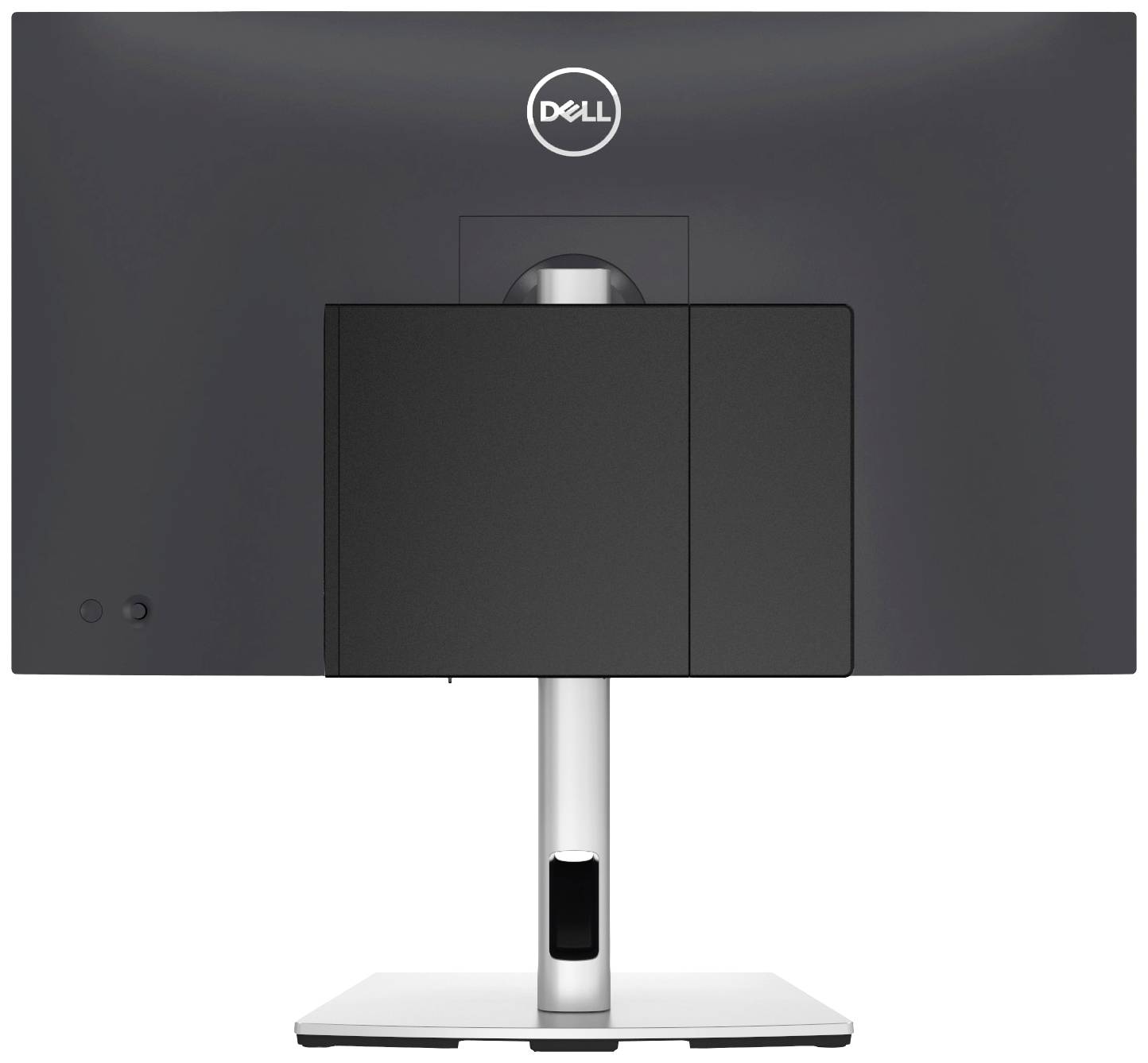 Un écran Dell, vue de dos. L'écran est fixé sur un support argenté.