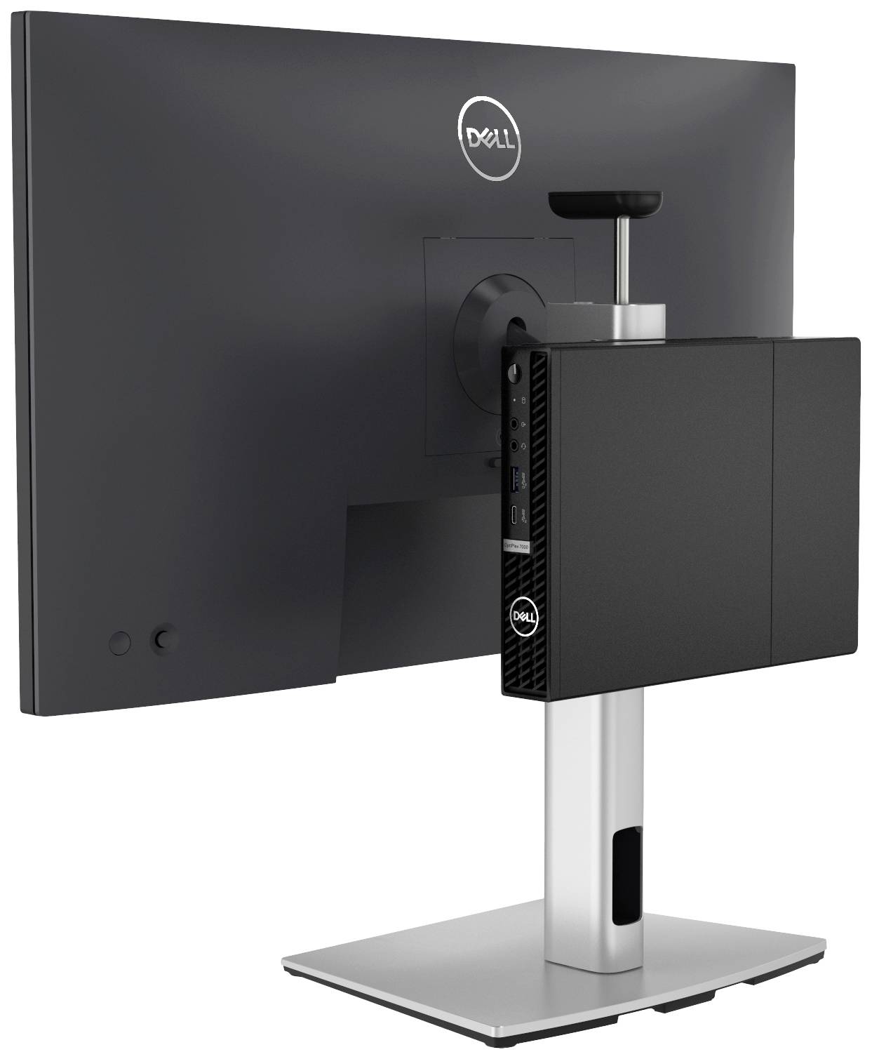 Un moniteur avec un ordinateur compact fixé verticalement à l'arrière. Logo de marque visible sur le moniteur et l'appareil.