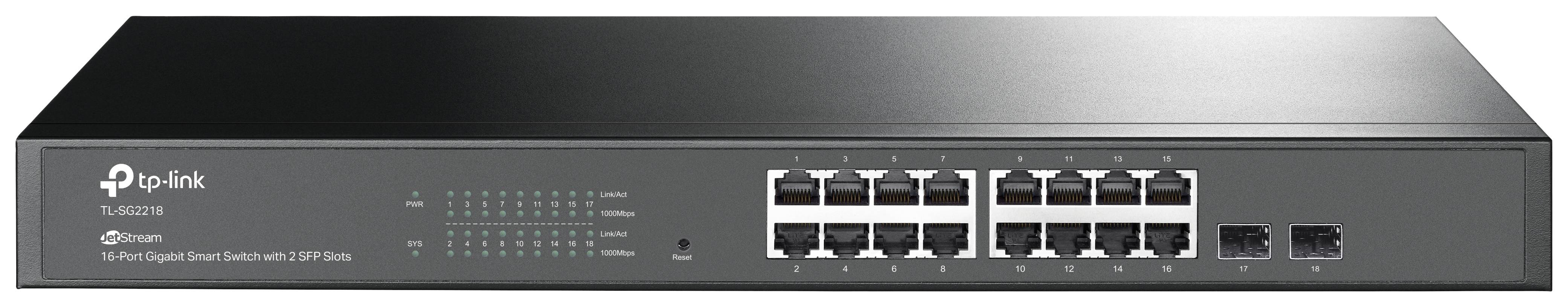 Commutateur réseau TP-Link avec 16 ports Ethernet et emplacements SFP. Numéro de modèle TL-SG1016PE.