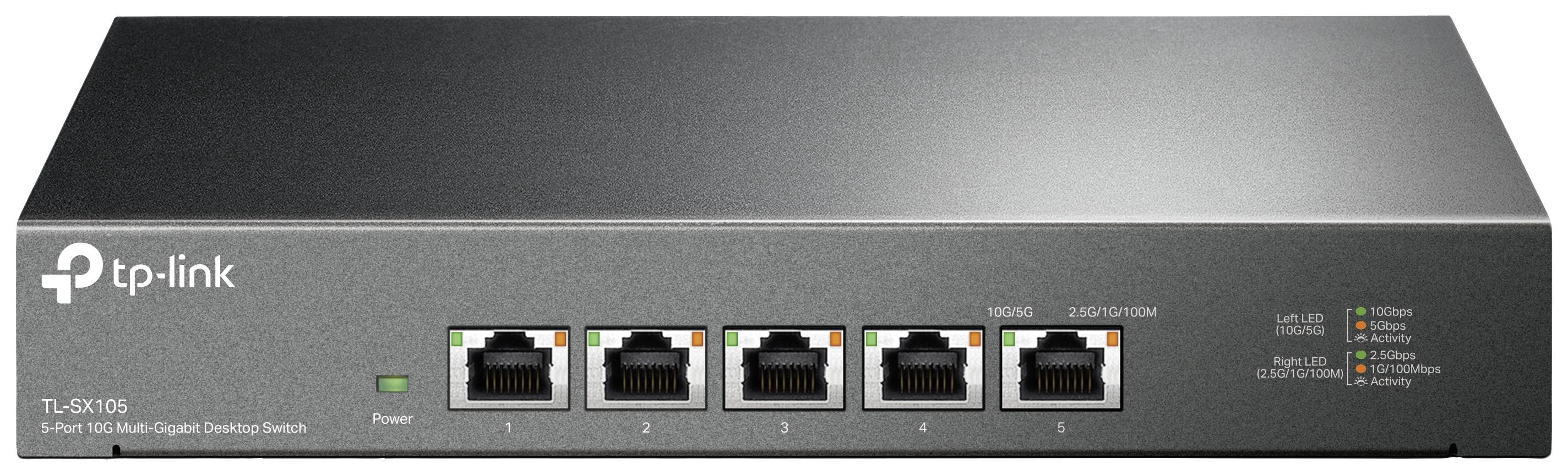 Un commutateur de bureau multi-gigabit 5 ports 10G de TP-Link pour les connexions réseau. Présente cinq ports Ethernet et des voyants d'état.