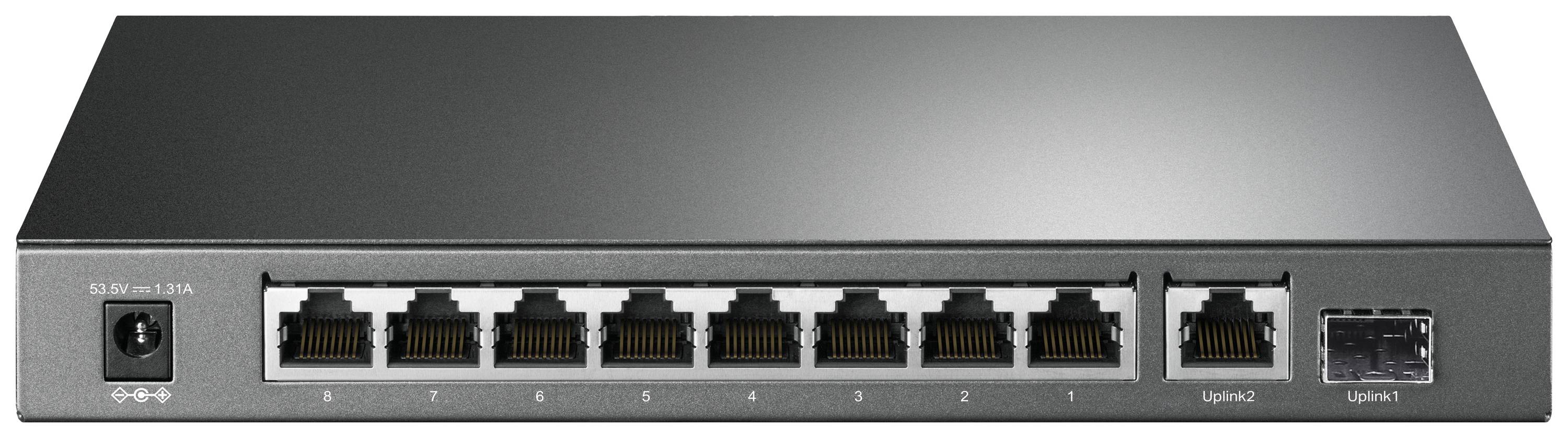 Un commutateur réseau avec huit ports Ethernet et deux ports de liaison montante, adapté pour connecter plusieurs appareils au sein d'un réseau.