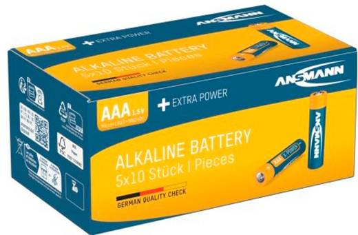 Boîte de piles alcalines ANSMANN AAA, 5x10 pièces, avec images de produit et marque « EXTRA POWER » sur emballage orange et bleu.