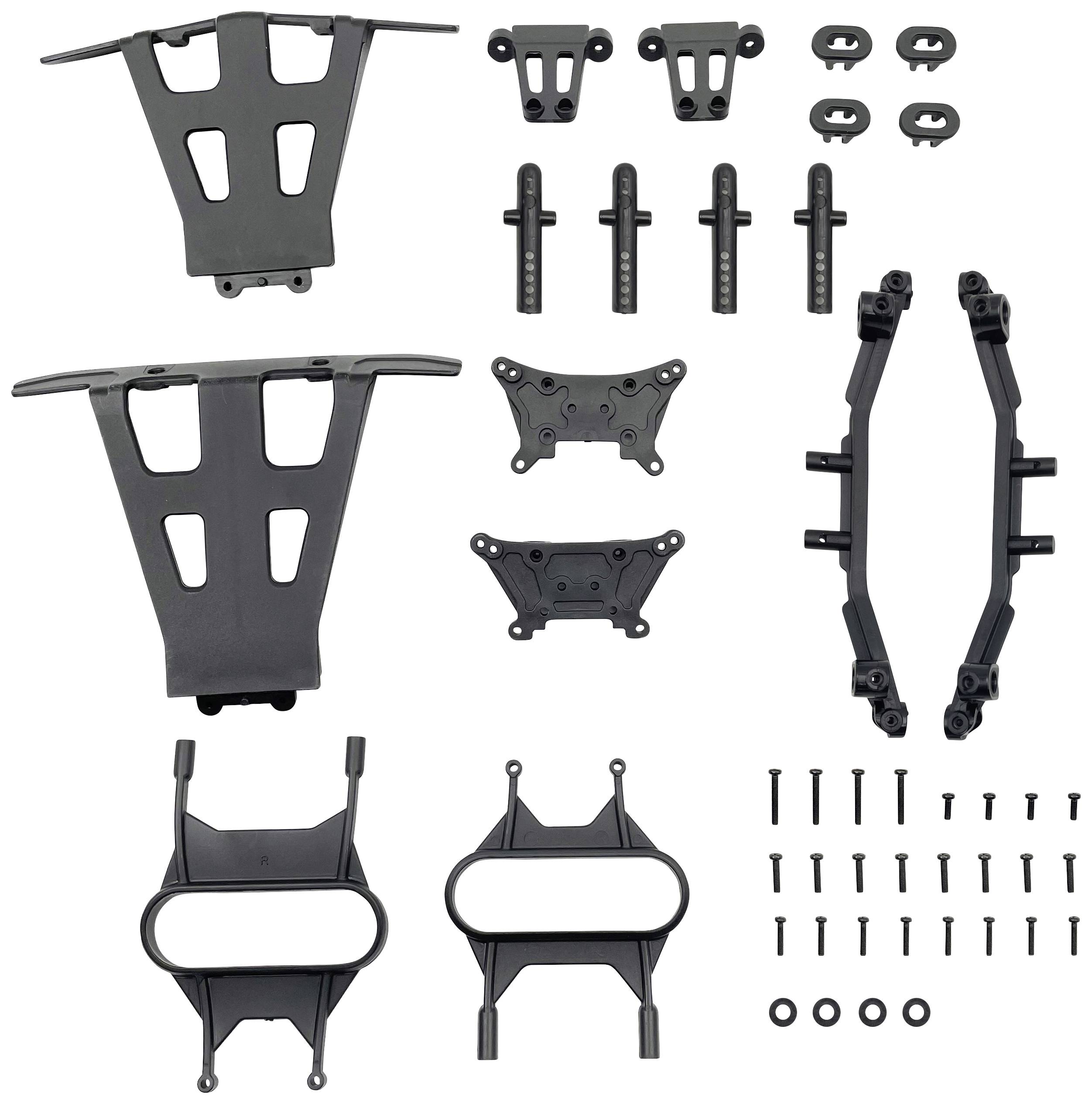 Plusieurs pièces en plastique noir avec des vis, faisant partie d'un kit de montage DIY. Pièces de formes et de tailles variées.