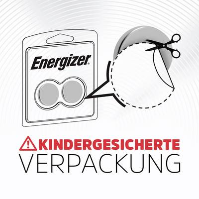 Emballage de pile Energizer avec loupe et ciseaux ; le texte avertit : « EMBALLAGE SÉCURISÉ POUR ENFANTS ».