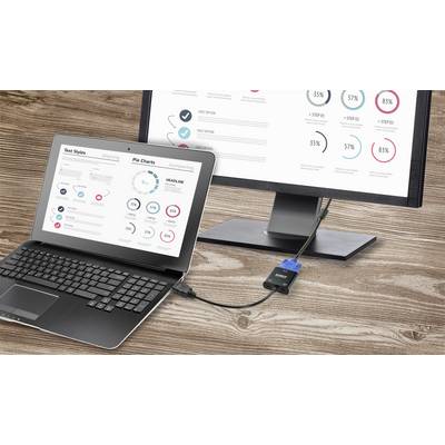 Un ordinateur portable est connecté à un moniteur par câble. Les deux écrans affichent des diagrammes et des statistiques.