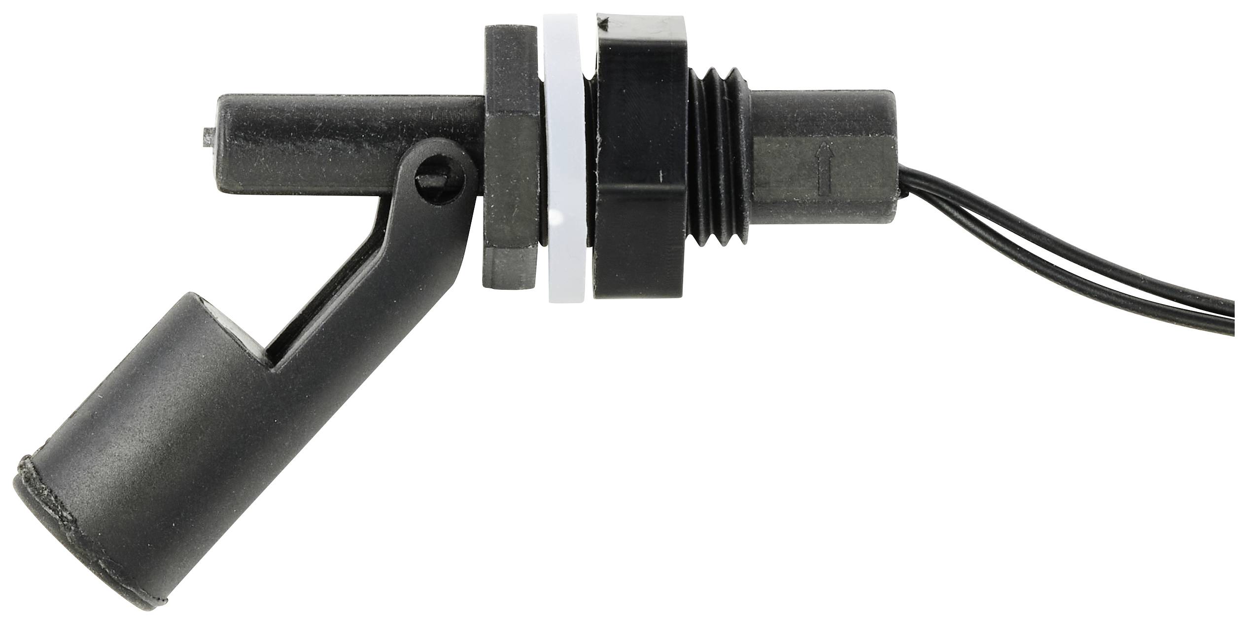 Capteur de niveau à flotteur en vue latérale, boîtier noir, avec connexion de câble. Pour la surveillance des niveaux de liquide dans les réservoirs.