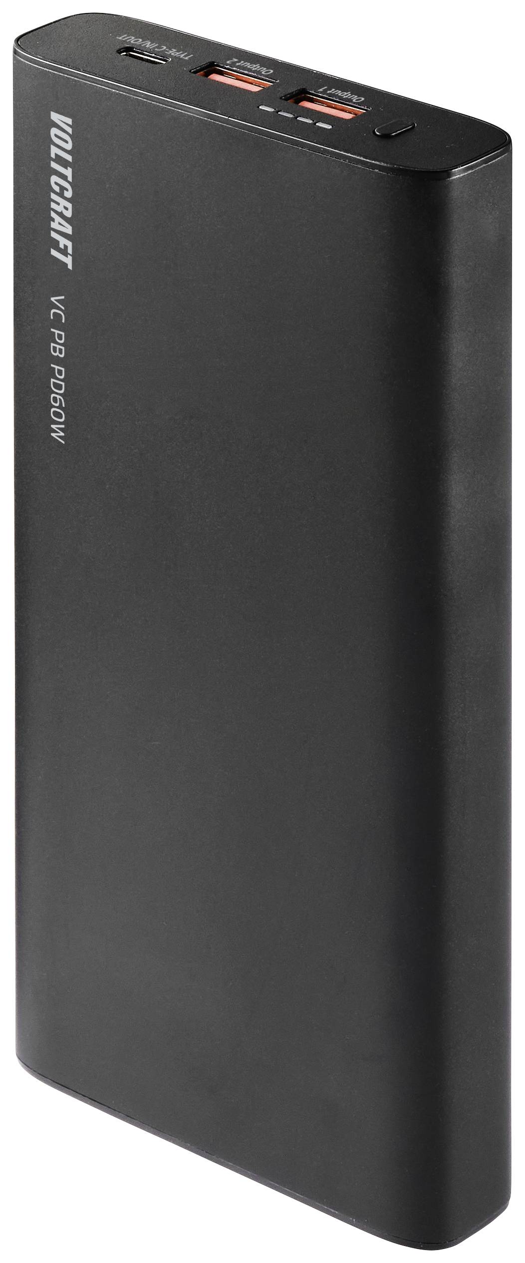 Batterie externe noire au design fin et rectangulaire, équipée de deux sorties USB et d'un indicateur LED sur le dessus.