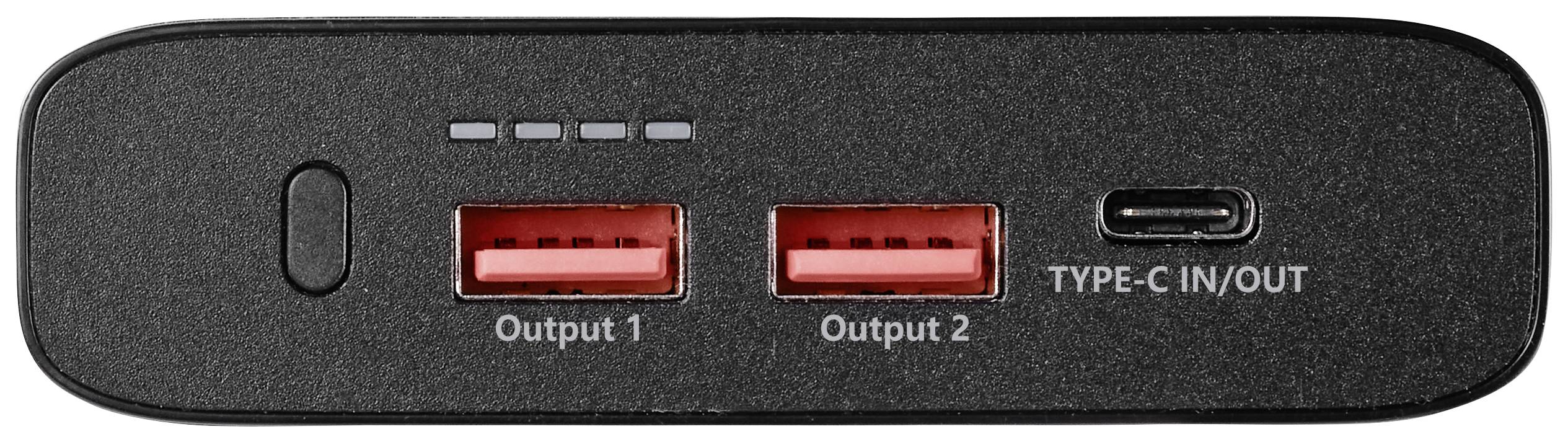 Chargeur noir avec deux sorties USB et un port USB-C, identifié comme 'Output 1', 'Output 2' et 'TYPE-C IN/OUT'.