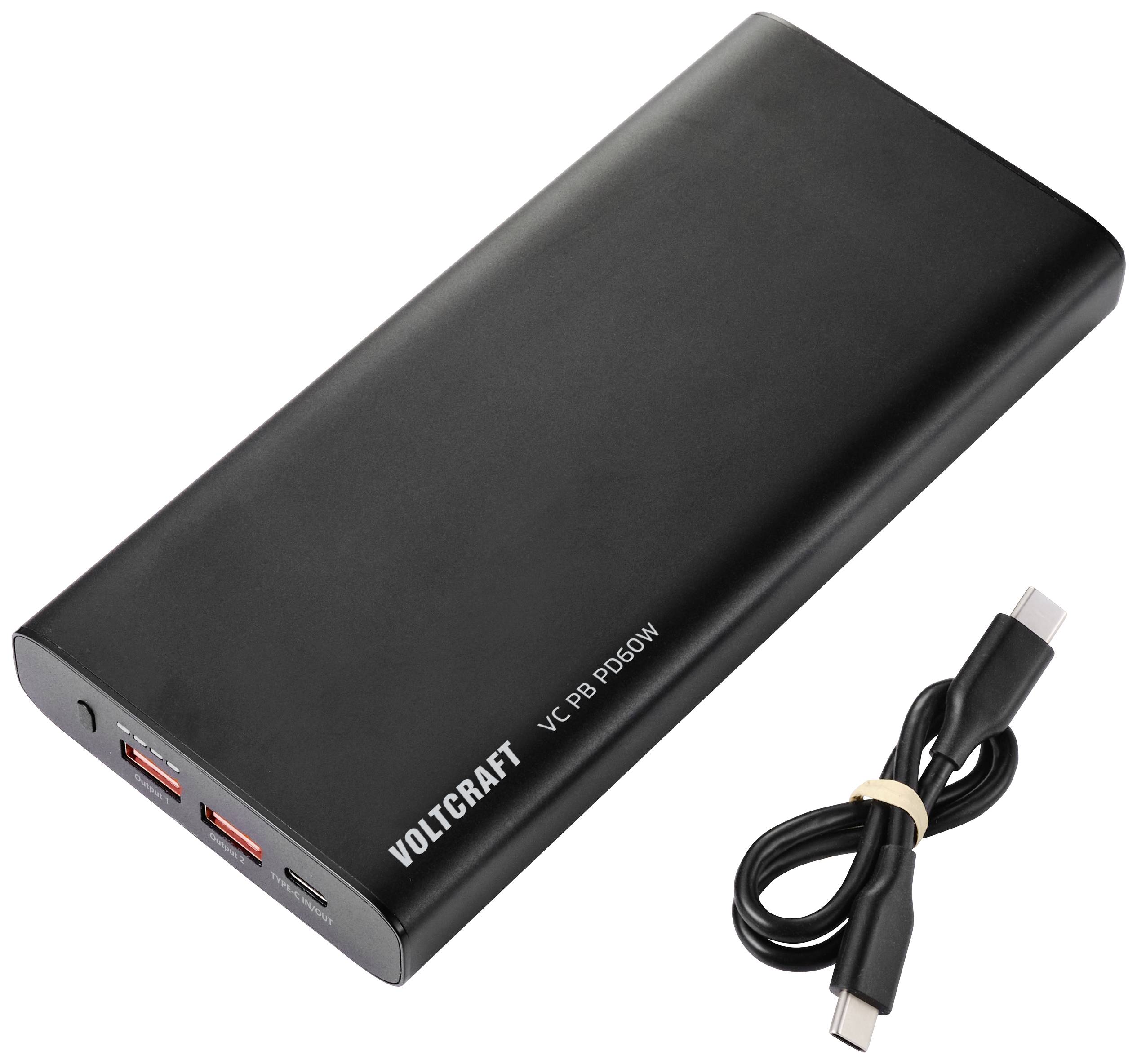 Batterie externe noire avec ports USB et un câble USB-C séparé.