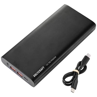 Batterie externe noire avec ports USB et un câble USB-C séparé.