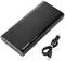 Batterie externe noire avec ports USB et un câble USB-C séparé.