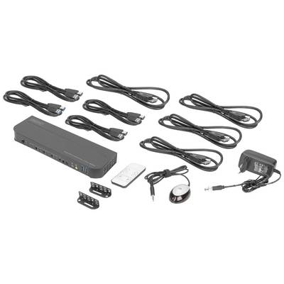 Station d'accueil avec bloc d'alimentation, télécommande, six câbles USB, fiche jack et matériel de montage.