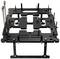 Table de banc de test PC noir avec supports et supports réglables pour composants matériels, positionné verticalement.