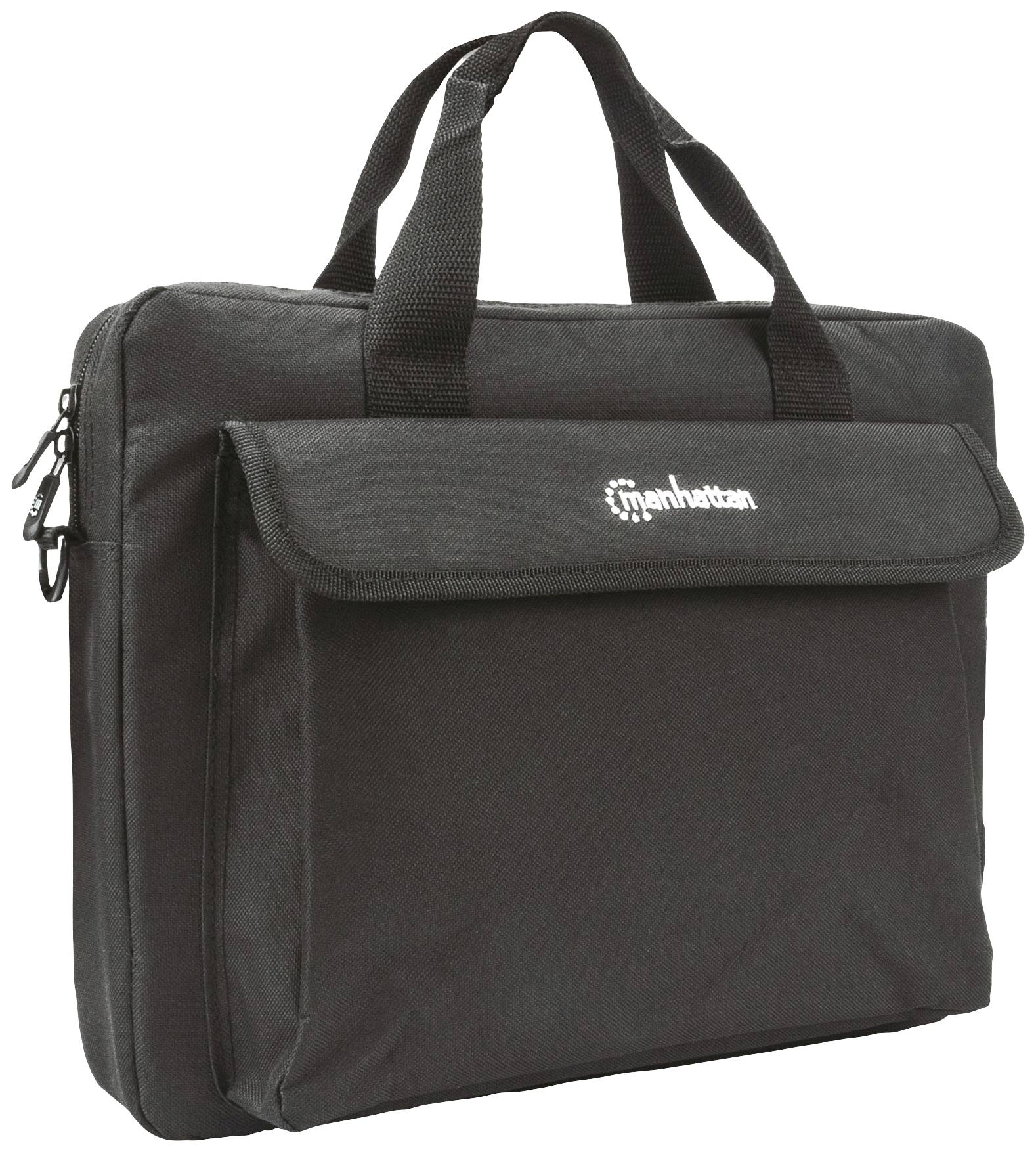 Sacoche noire pour ordinateur portable avec bandoulière et poignées de transport ; la marque 'manhattan' est visible sur l'avant.