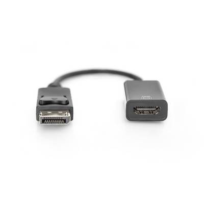 Adaptateur DisplayPort vers HDMI sur fond blanc. Le connecteur DisplayPort est visible à gauche, et la prise HDMI à droite.