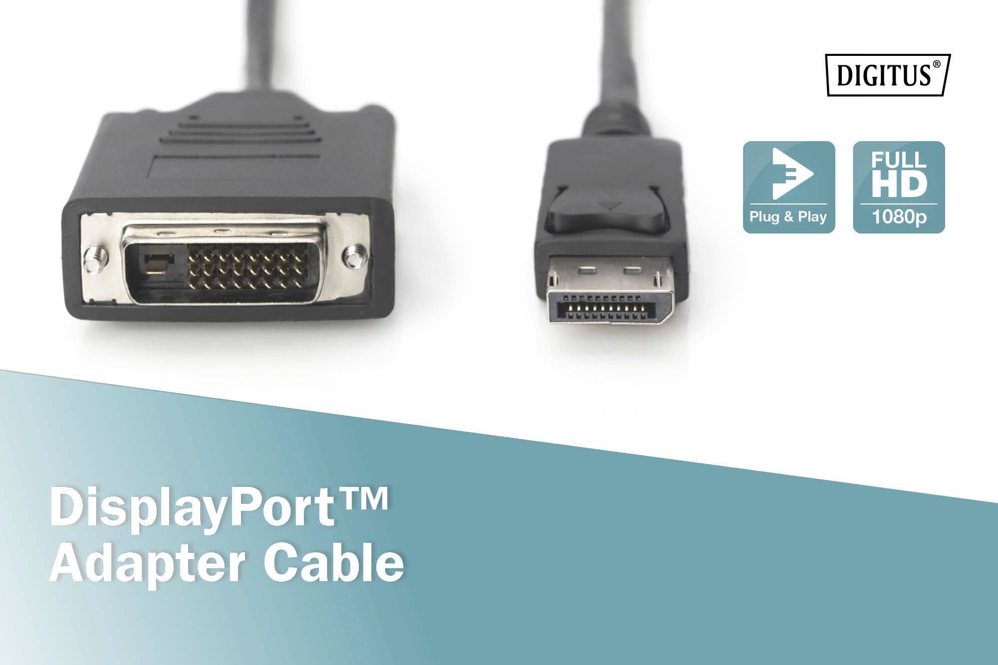 Câble adaptateur DisplayPort avec connecteurs DVI et DisplayPort, adapté pour Full HD 1080p, avec symbole 'Plug & Play' et marque 'DIGITUS'.