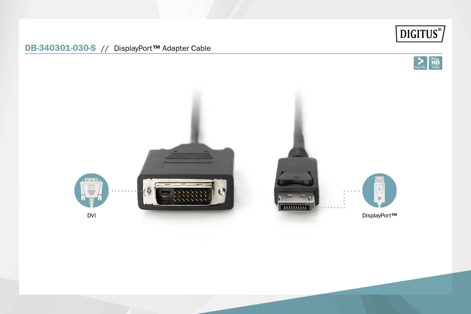 Câble adaptateur DisplayPort à deux connecteurs : à gauche DVI, à droite DisplayPort. Montre comment l'adaptateur relie deux types d'appareils.