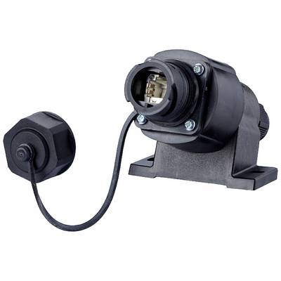 Un connecteur électrique noir avec capuchon de protection, monté sur un boîtier.