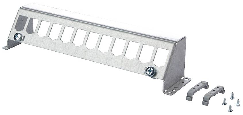 Groupe de construction métallique avec plusieurs découpes rectangulaires pour fixation. Comprend des vis et des supports métalliques plus petits.