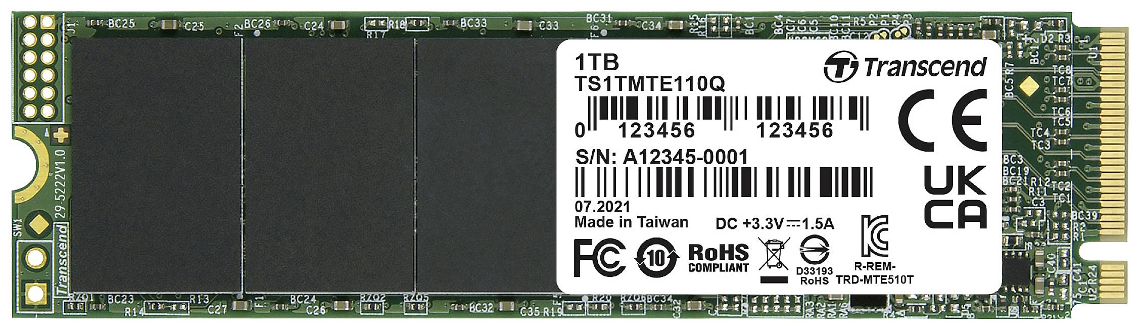SSD M.2 de Transcend d'une capacité de 1 To, numéro de modèle TS1TMTE110Q. Contient des logos de certification et un numéro de série sur l'étiquette.