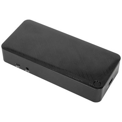 Un appareil électronique noir, rectangulaire avec des coins arrondis et des connexions sur le côté, probablement une batterie externe.