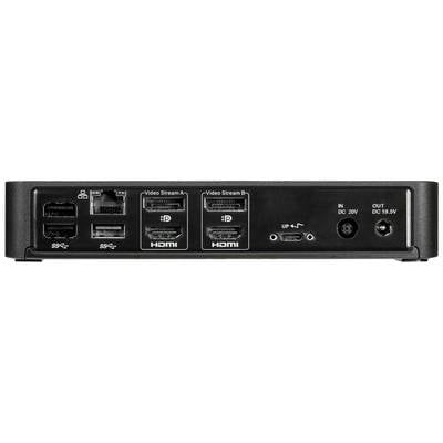 Arrière d'un appareil avec des connexions : deux ports USB, quatre ports HDMI étiquetés 'Video Stream', un port Ethernet et un port USB-C, entrée d'alimentation électrique.