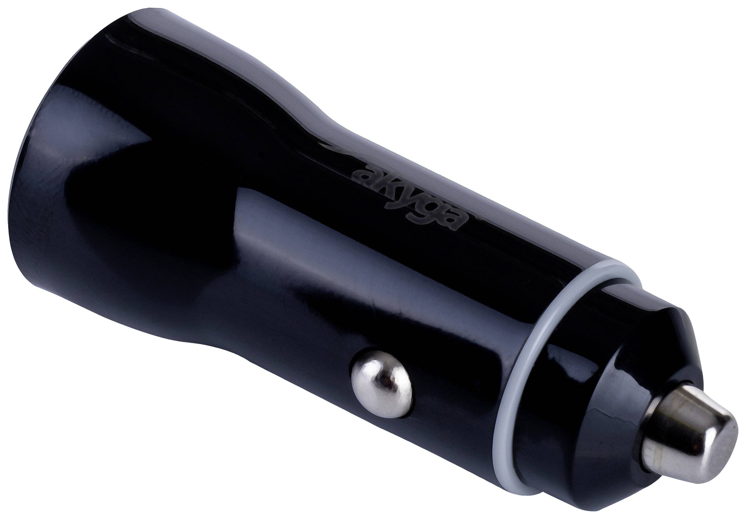 Chargeur de voiture noir avec embout argenté et bouton latéral en métal. Adapté pour une utilisation dans l'allume-cigare.