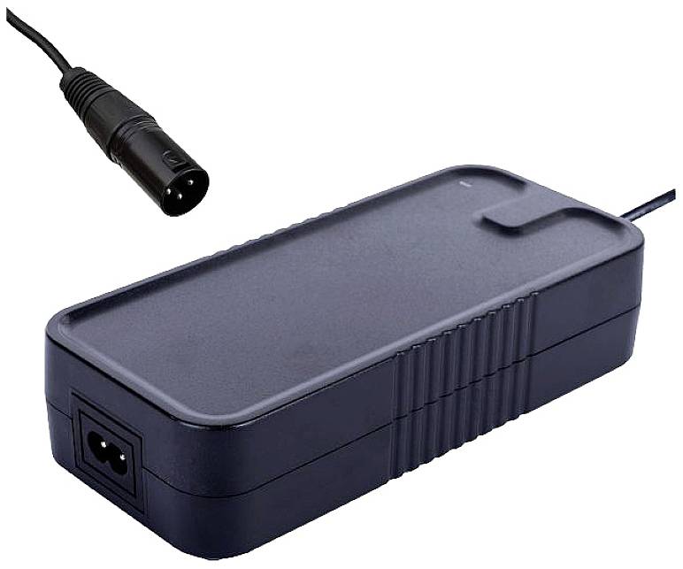 Bloc d'alimentation noir au design plat, câble et fiche de connexion en haut à gauche. Adapté aux appareils électroniques.
