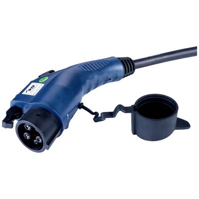 Connecteur de charge bleu pour véhicules électriques avec capuchon de protection noir, câble dépassant vers la droite.