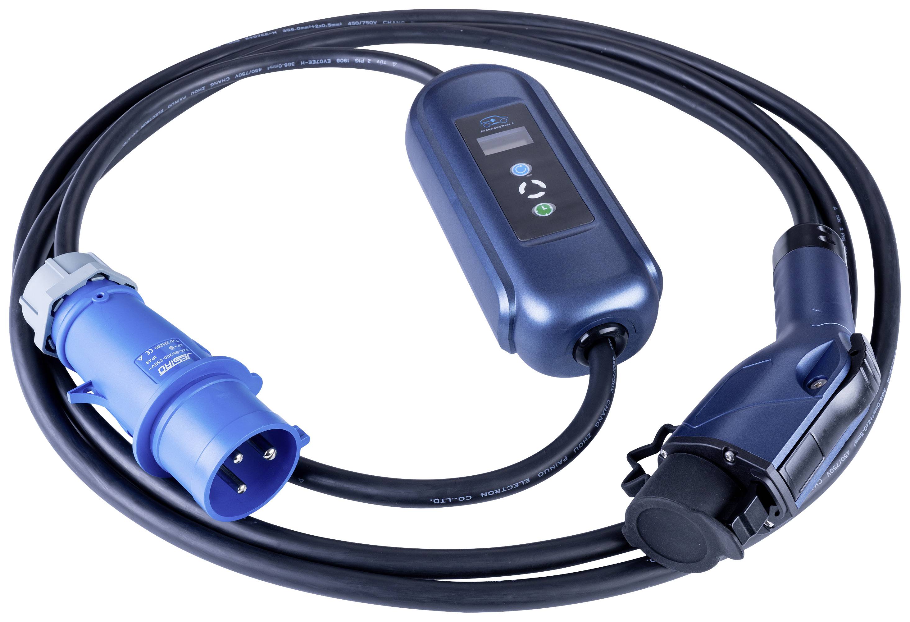 Câble de charge pour véhicules électriques avec connecteur bleu et chargeur. Composants principaux pour la recharge d'un véhicule électrique.