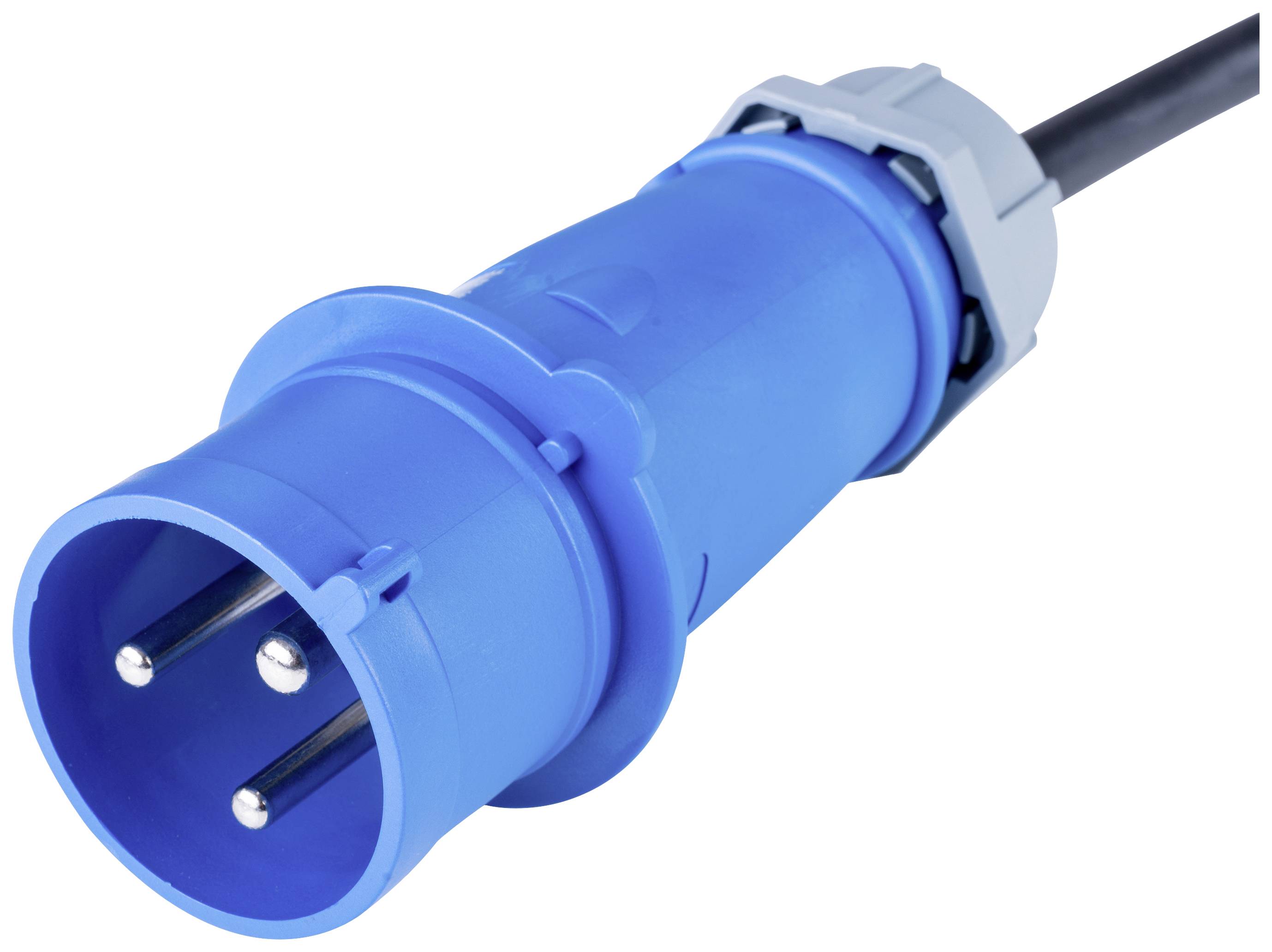 Une fiche CEE bleue, tripolaire, pour applications industrielles, avec un verrou à vis gris et un câble noir.