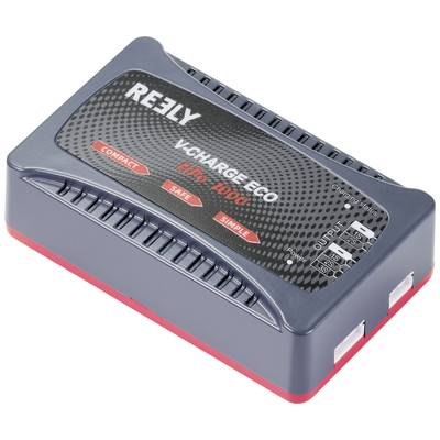 Chargeur REELY V-Charge Eco LiPo 1000 noir-gris avec des accents rouges. Affichage pour sortie 3V, 5V et voyants LED visibles.