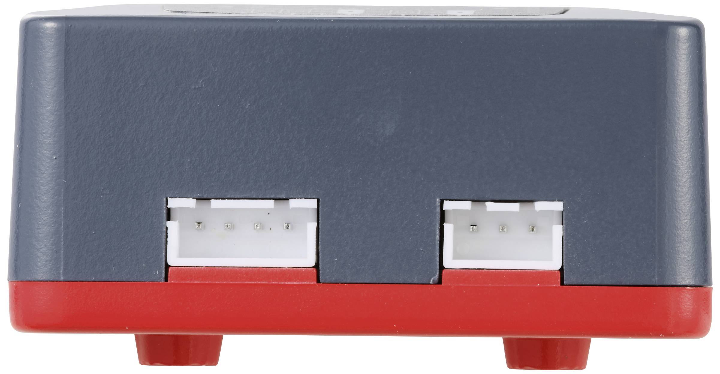 Un appareil électronique rectangulaire avec deux emplacements à l'avant, boîtier en noir et rouge.