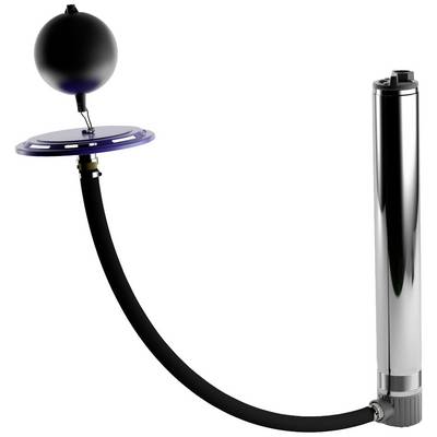 Système de pompage comprenant un réservoir cylindrique, un tuyau flexible et une soupape à flotteur pour le contrôle du niveau d'eau.