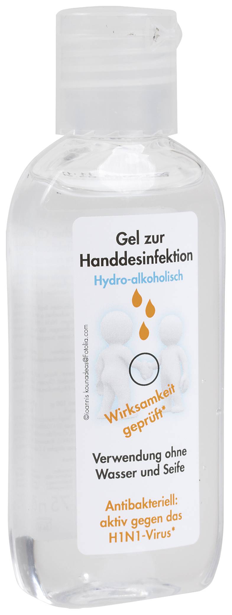 Gel désinfectant transparent avec étiquette : 'Gel hydroalcoolique. Efficacité testée. Utilisation sans eau ni savon. Antibactérien.'