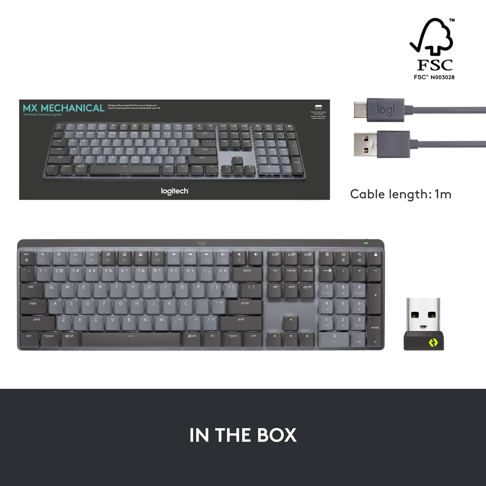 'Clavier Logitech MX Mechanical, disposition QWERTZ, sans fil, avec câble USB et adaptateur. Longueur du câble : 1 m. Couleur : Gris foncé.'