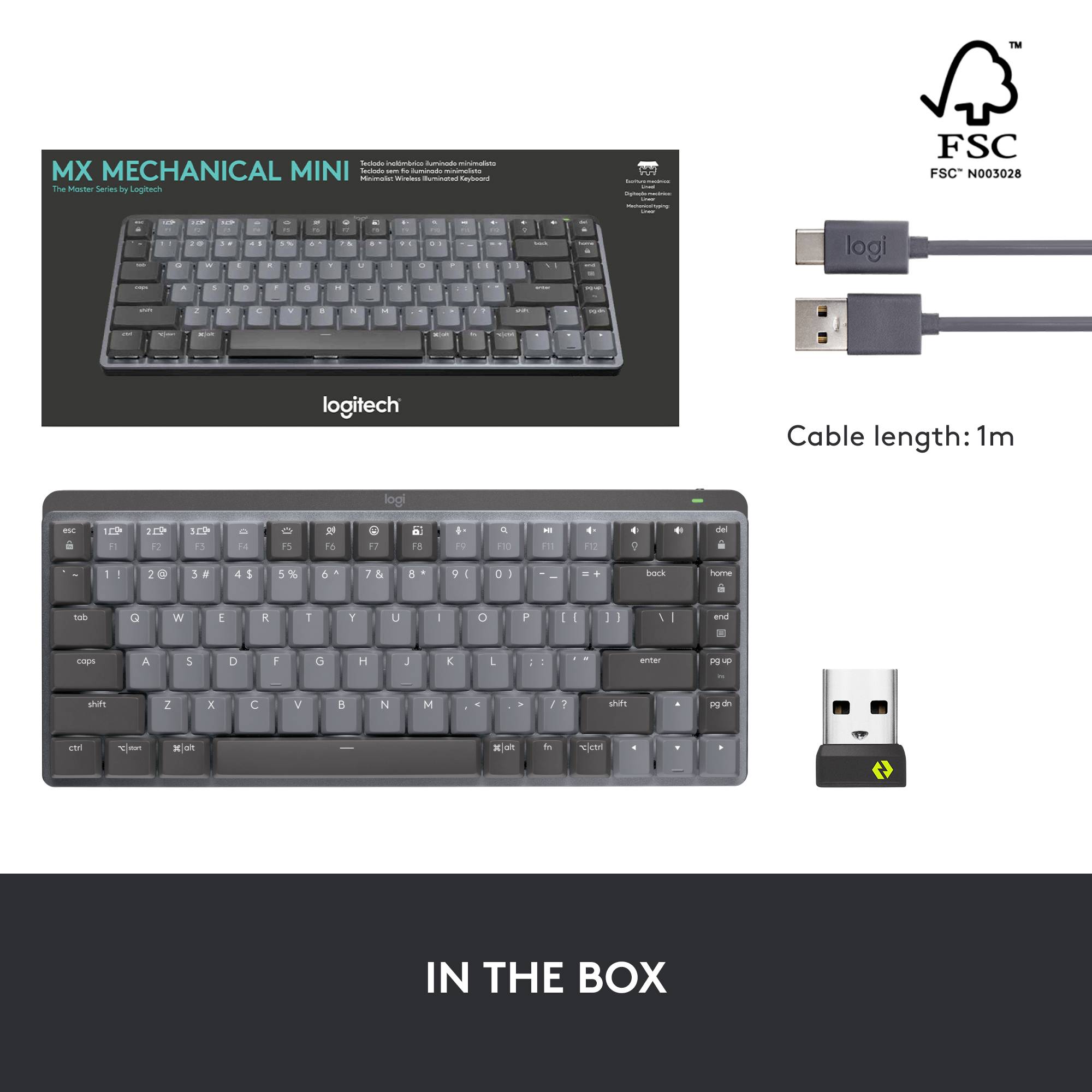 'Clavier Logitech MX Mechanical Mini, sans fil. Comprend un récepteur USB et un câble de charge (1 m). L'emballage présente les informations du produit.'