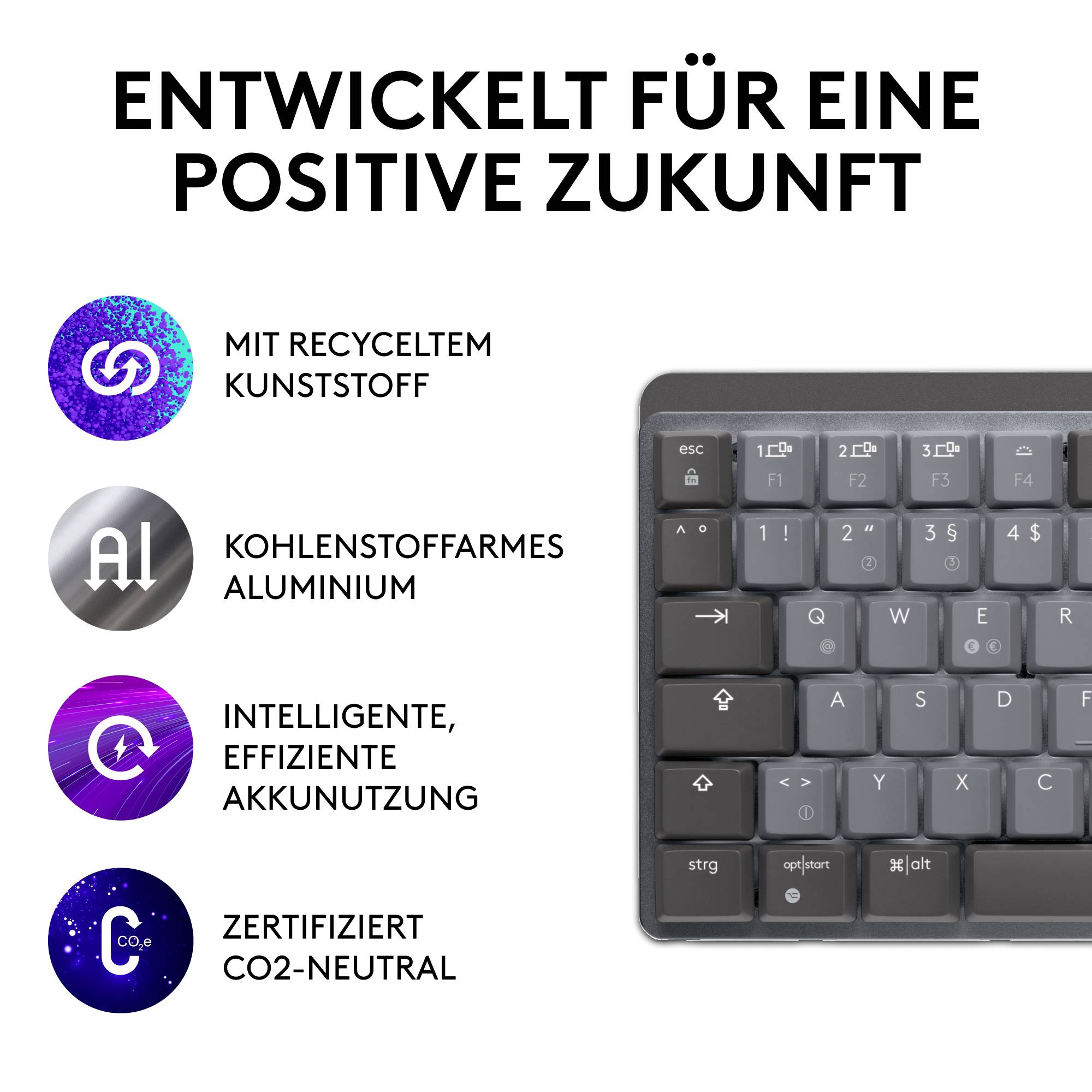 Clavier à droite, liste à gauche avec des symboles : 'Matériau recyclé', 'Aluminium à faible teneur en carbone', 'Utilisation efficace', 'Neutre en CO2'.