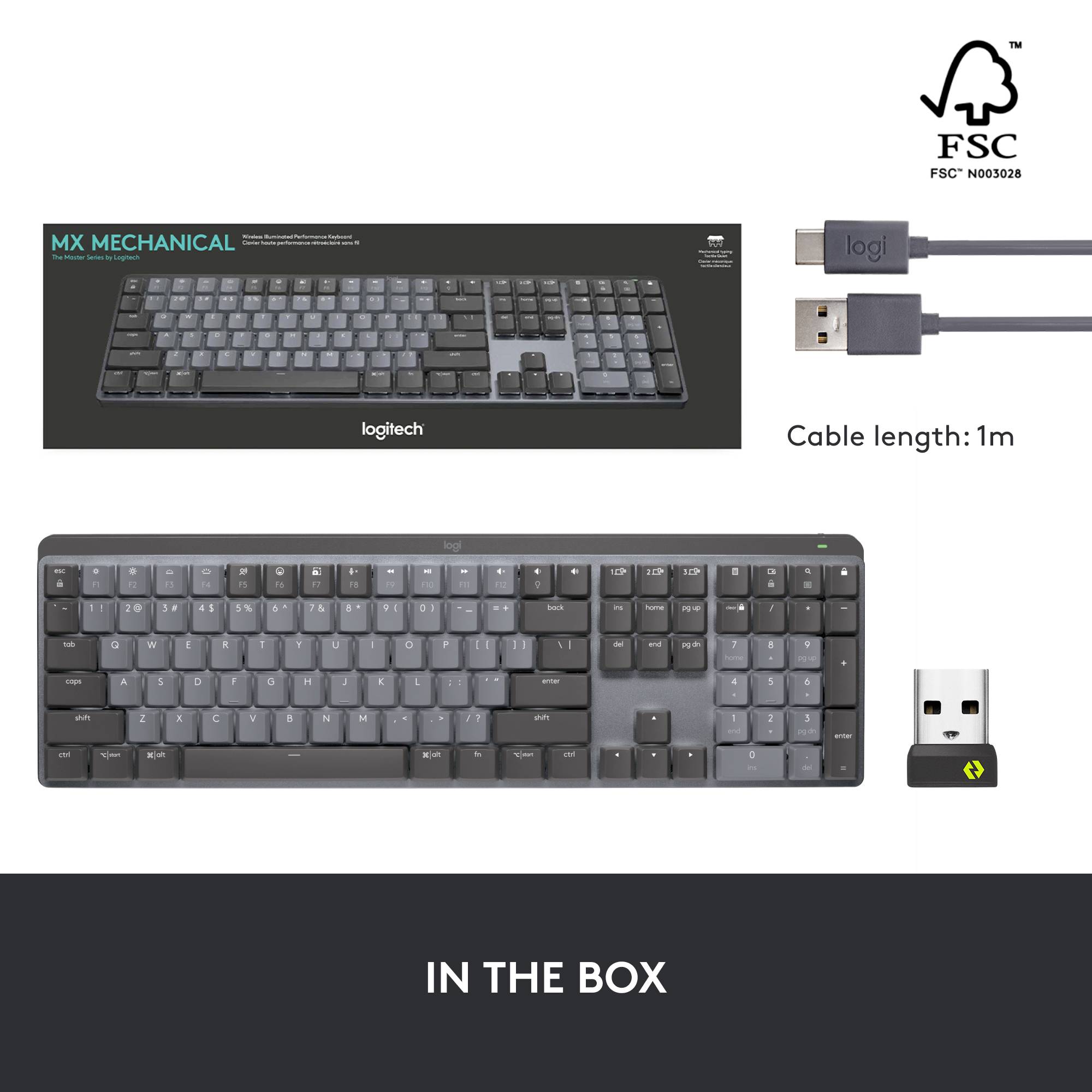 Clavier Logitech MX Mechanical avec câble de 1m, connexion USB, récepteur sans fil. Certifié FSC. Vue du dessus de l'emballage, vue du dessous des accessoires.