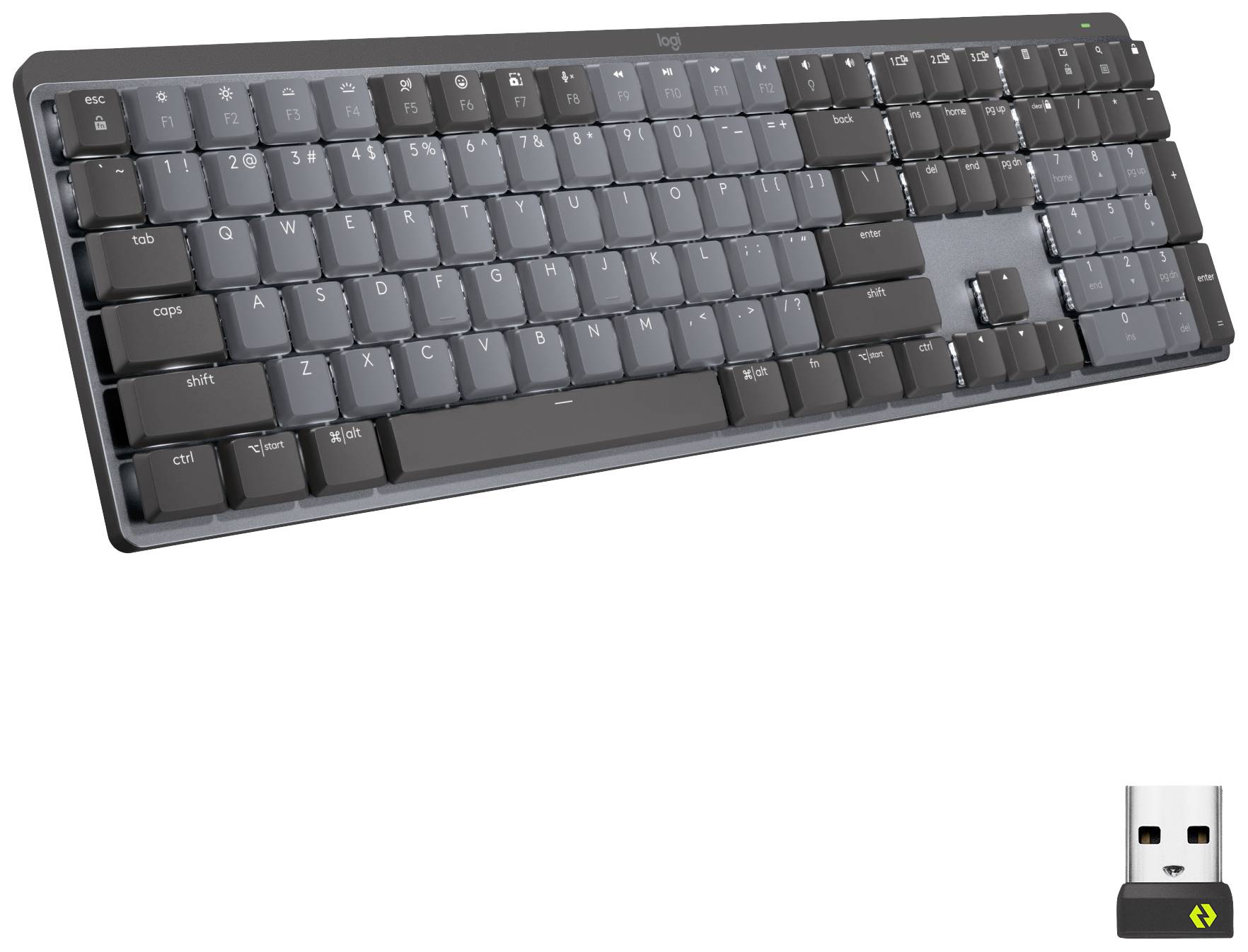 Clavier noir sans fil avec disposition de touches complète, touches rétroéclairées et un récepteur USB.