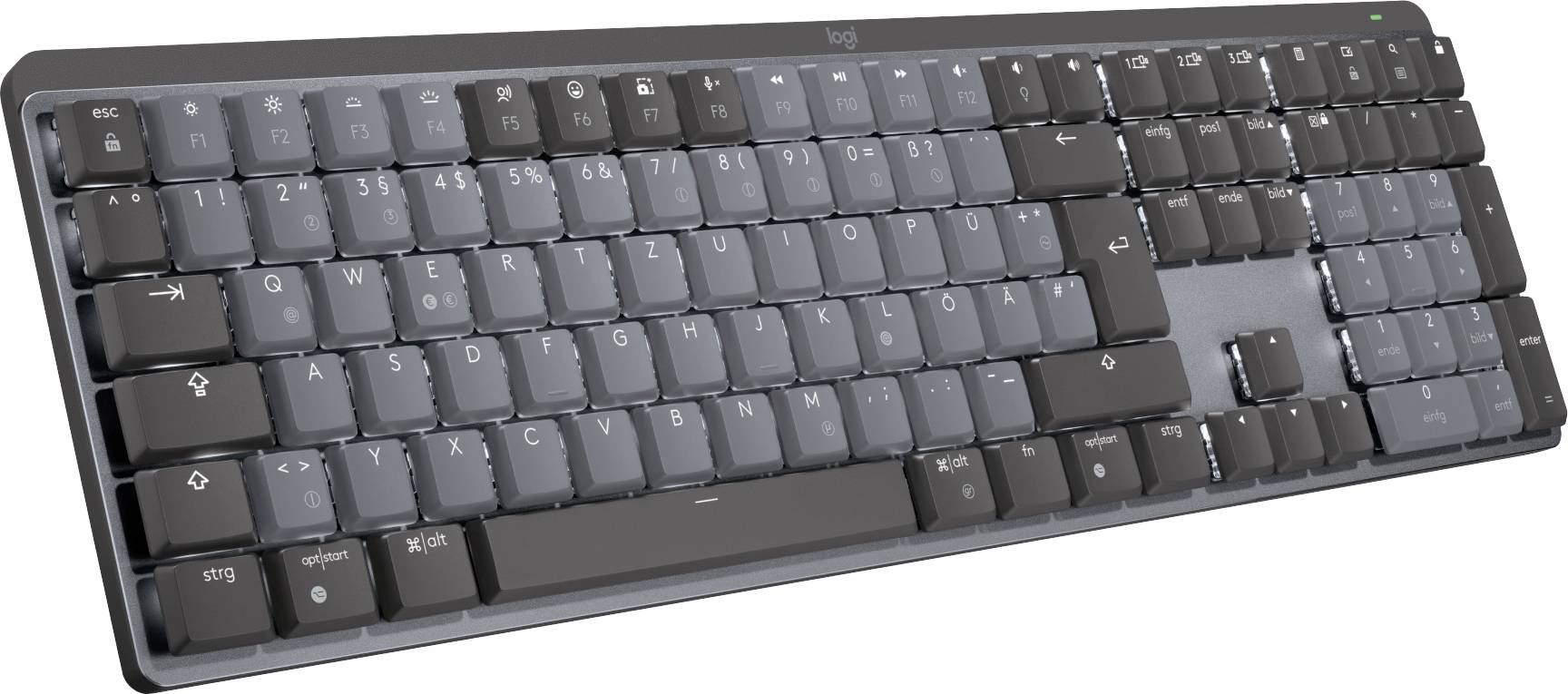 Clavier d'ordinateur noir en taille complète avec disposition QWERTZ, touches de fonction et pavé numérique, adapté aux travaux informatiques.