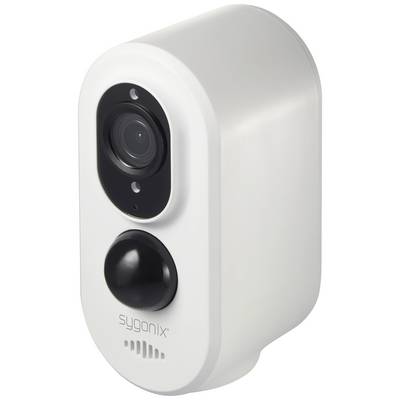 Caméra de surveillance blanche et cylindrique de marque sygonix, équipée d'un objectif et d'un capteur, adaptée à la sécurisation des locaux.
