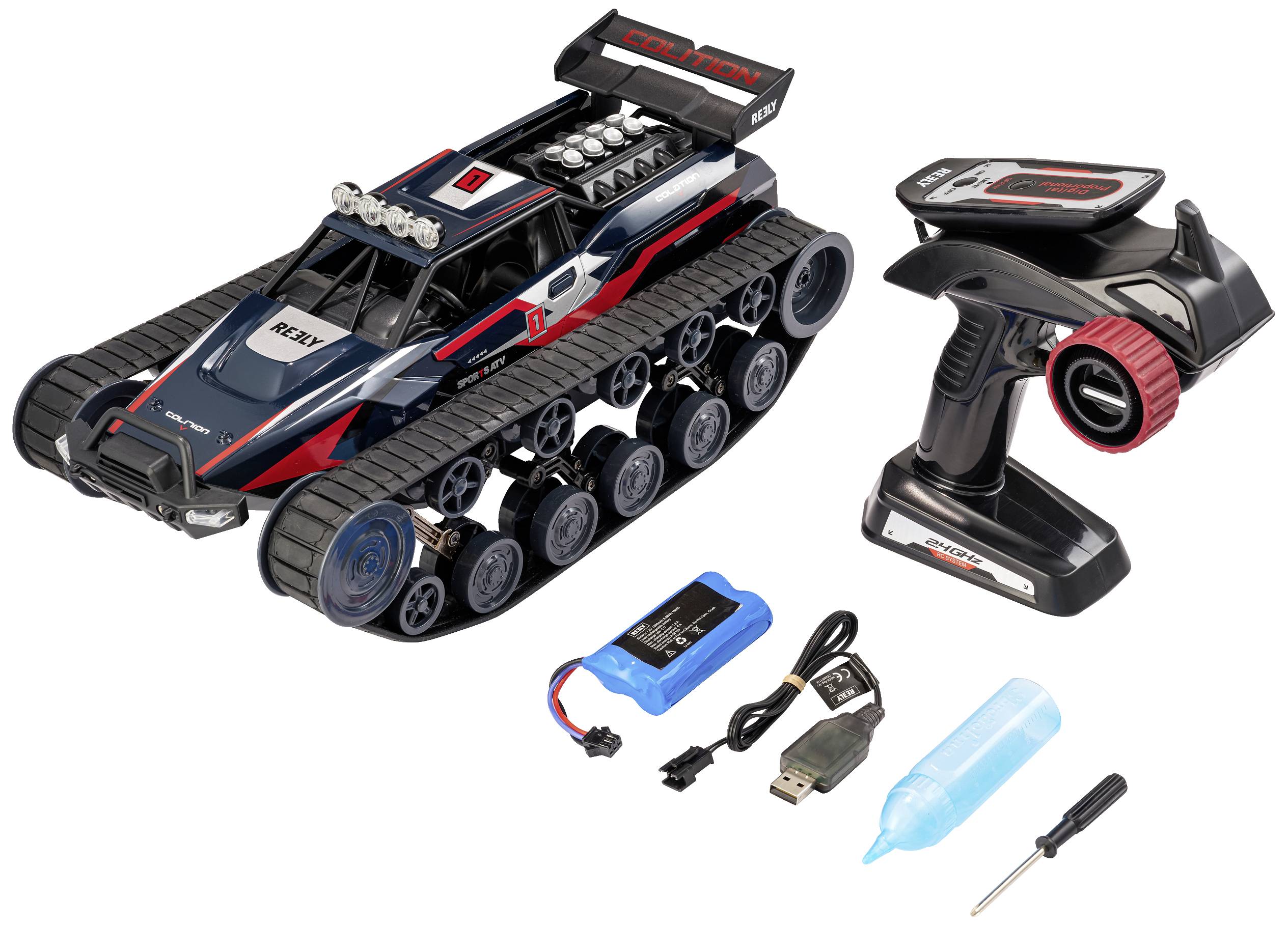 Jouet de véhicule à chenilles télécommandé avec télécommande, batterie, câble de charge, tournevis et bouteille pour réparation et entretien.
