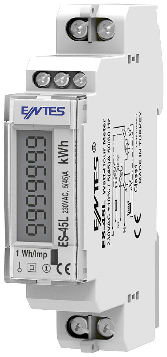 Un compteur électronique d'énergie de la marque EMİTES, modèle ES45L, affiche '999999 kWh' sur son écran. Il est adapté pour un montage sur rail DIN.