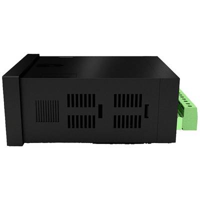 Un appareil électronique noir avec des fentes d'aération sur le côté, doté d'un bandeau de connexion vert.