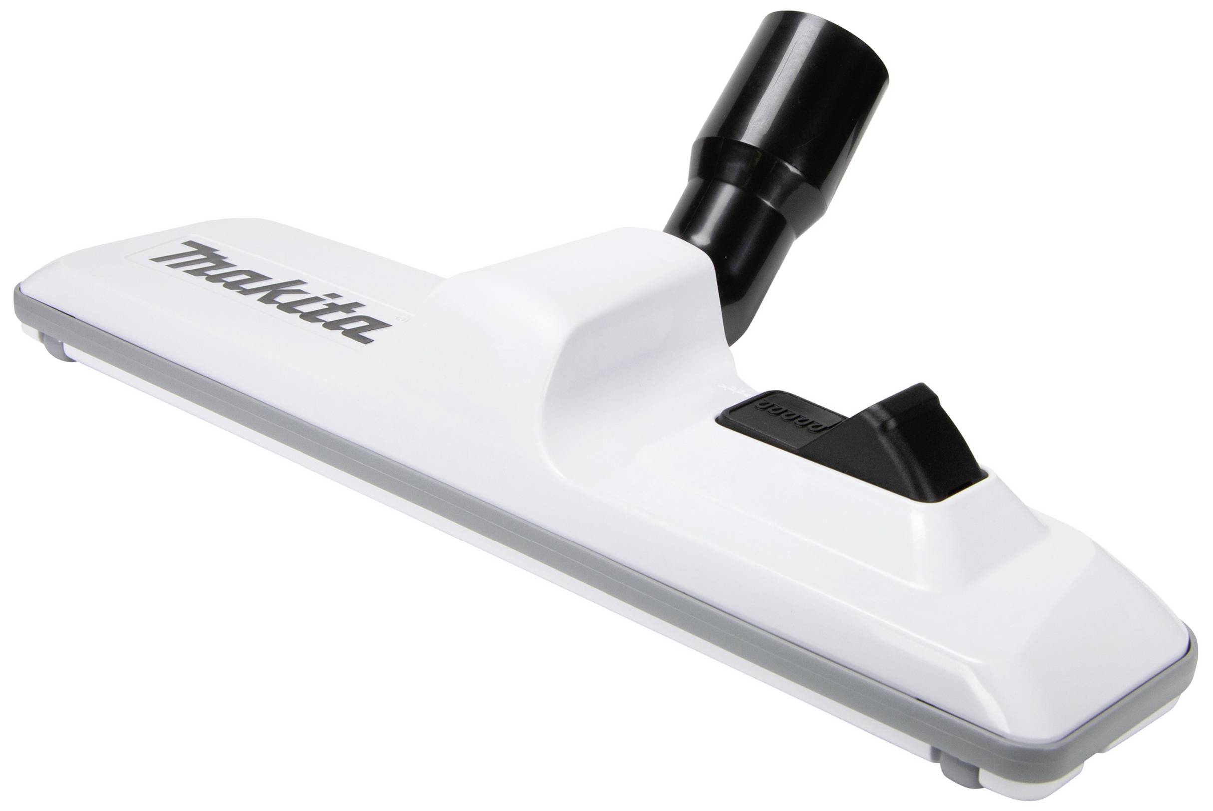 Embout d'aspirateur blanc avec raccord noir, nom de marque 'Makita' sur le côté. Adapté aux sols durs et aux moquettes.