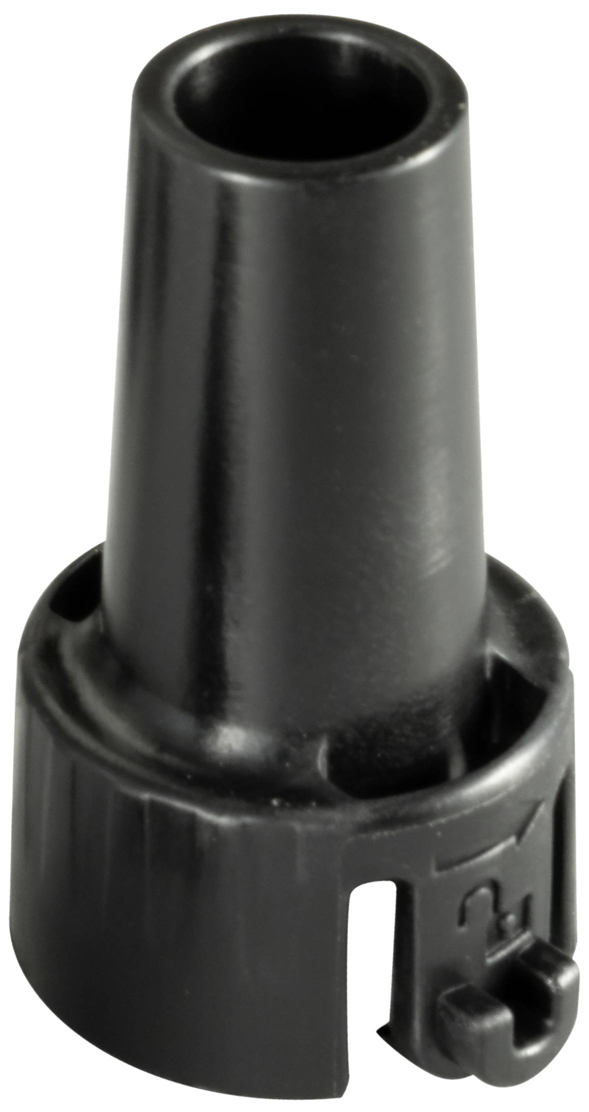 Un raccord cylindrique noir avec un bord large et un support à l'extrémité inférieure, souvent utilisé pour les connexions de tuyaux.